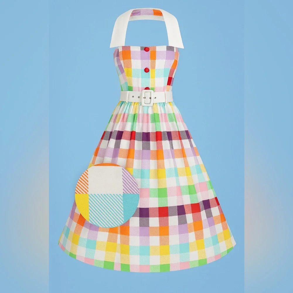 Unique Vintage Collectif Rainbows Over Hollywood Gingham Halter Swing Dress, NWT - Picture 10 of 16